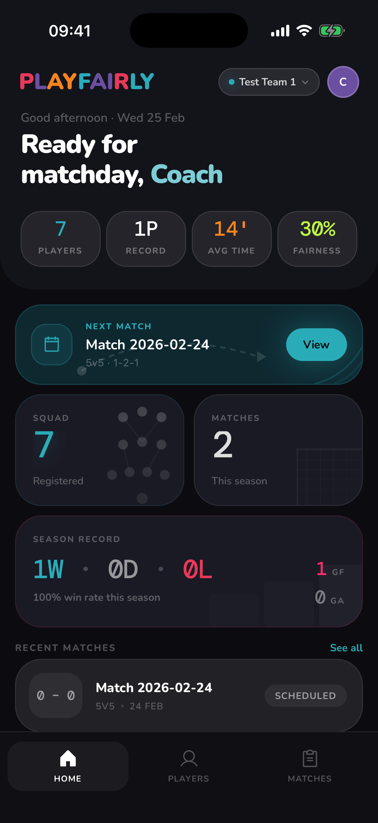 PlayFairly app — Dashboard showing live match and fair play stats