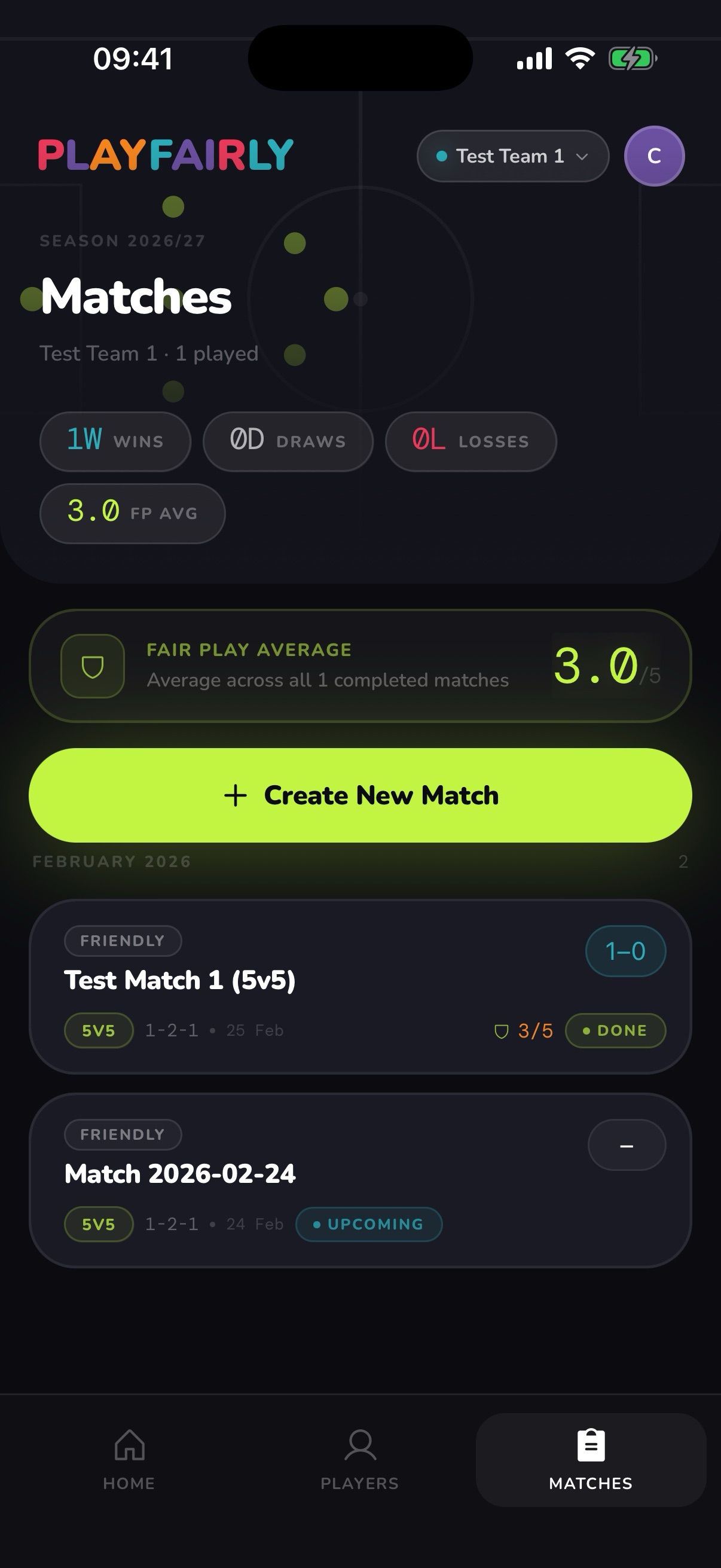 Matches — season record, fair play average, and match history